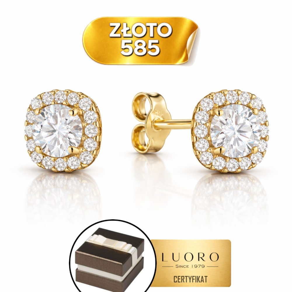 KOLCZYKI ZŁOTE 585 14K KWADRAT Z CYRKONIĄ SZTYFT 6,7 MM ELEGANCKIE
