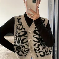 Swetry damskie - TEMU Damski kardigan bez rękawów w panterkę z dekoltem w serek - codzienna kamizelka zapinana na guziki z długimi rękawami, lekki top na wiosnę/ do - miniaturka - grafika 1