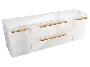 Szafka Wisząca Z Blatem ATH 140 cm D - Biały Wysoki Połysk - Uchwyty Złote Polerowane - Szafki łazienkowe - miniaturka - grafika 1