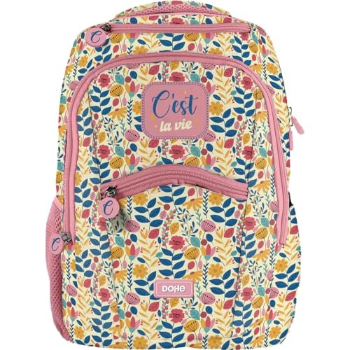 Dohe - Plecak szkolny ergonomiczny - Duża pojemność (20L), 6 kieszeni, komora na laptopa/tablet, paski do wózka - C'est La Vie