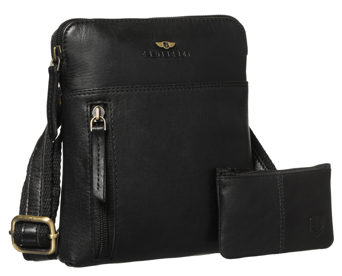 Torebka męska listonoszka PETERSON skórzana mała saszetka na ramię kieszonki na suwak etui na klucze czarna