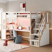 Łóżka dla dzieci i młodzieży - Łóżko wysokie 90 x 200 cm z biurkiem, szafą i schowkiem - Sosna + MDF - Diody LED i gniazdka - Drewno (materac nie jest wliczony w cenę) - miniaturka - grafika 1