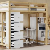 Łóżka dla dzieci i młodzieży - Łóżko na antresoli 140x200 cm z litego drewna - z 4 szufladami i schodami do przechowywania - Naturalne (materac nie wchodzi w skład zestawu) - miniaturka - grafika 1