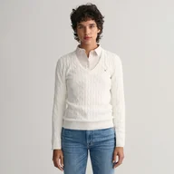 Swetry damskie - Damski Sweter GANT STRETCH COTTON CABLE V-NECK 480022.113 – Beżowy - miniaturka - grafika 1