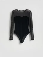 Koszulki i topy damskie - Reserved - Body z siateczkowymi wstawkami - czarny - miniaturka - grafika 1