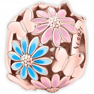 Wisiorki - CHARMS POZŁACANY 750 Koralik z Kwiatami i Motylami Kwiaty Motyle SREBRO 925 - miniaturka - grafika 1