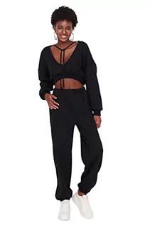 Spodnie damskie - TRENDYOL Damskie spodnie dresowe, średniej wysokości, elastyczne zamknięcie nogi, luźne spodnie do biegania, czarne, Czarny, L - grafika 1