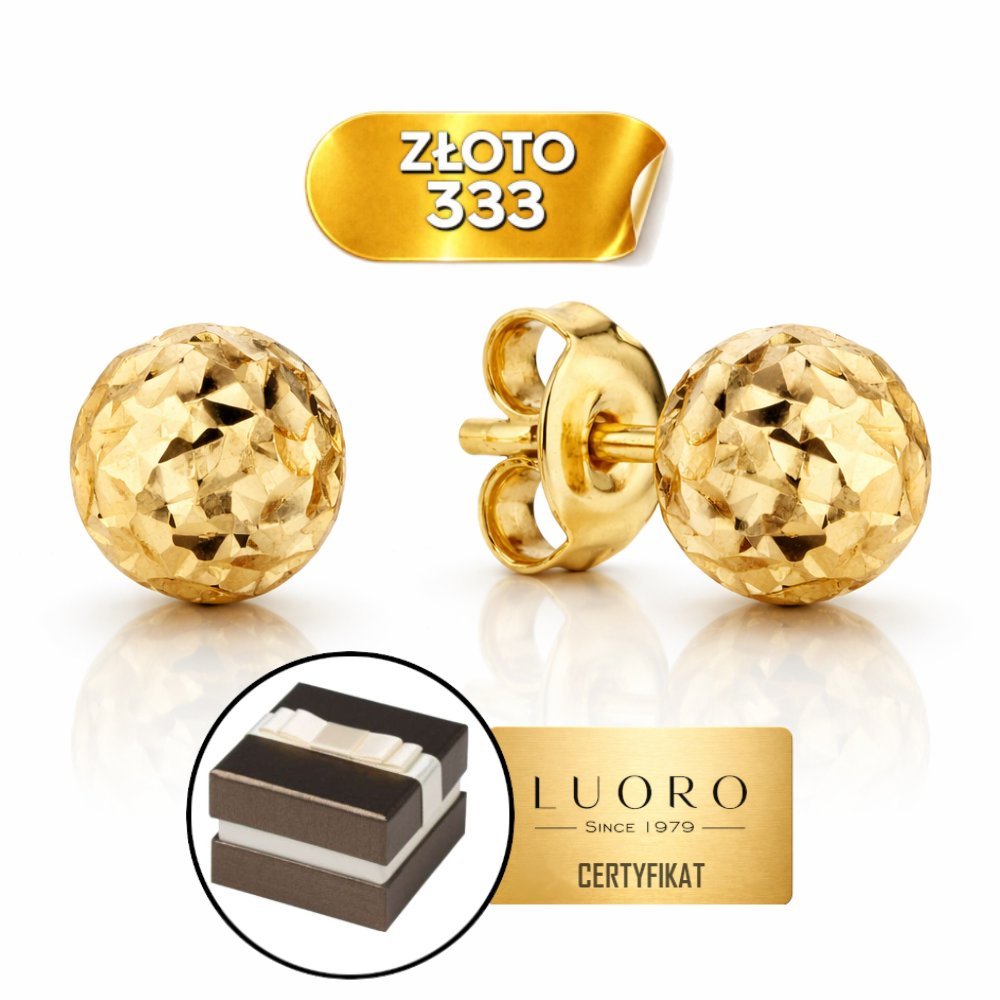 KOLCZYKI ZŁOTE 333 8K KULKI DIAAMENTOWANE 8 MM LEKKIE SZTYFT