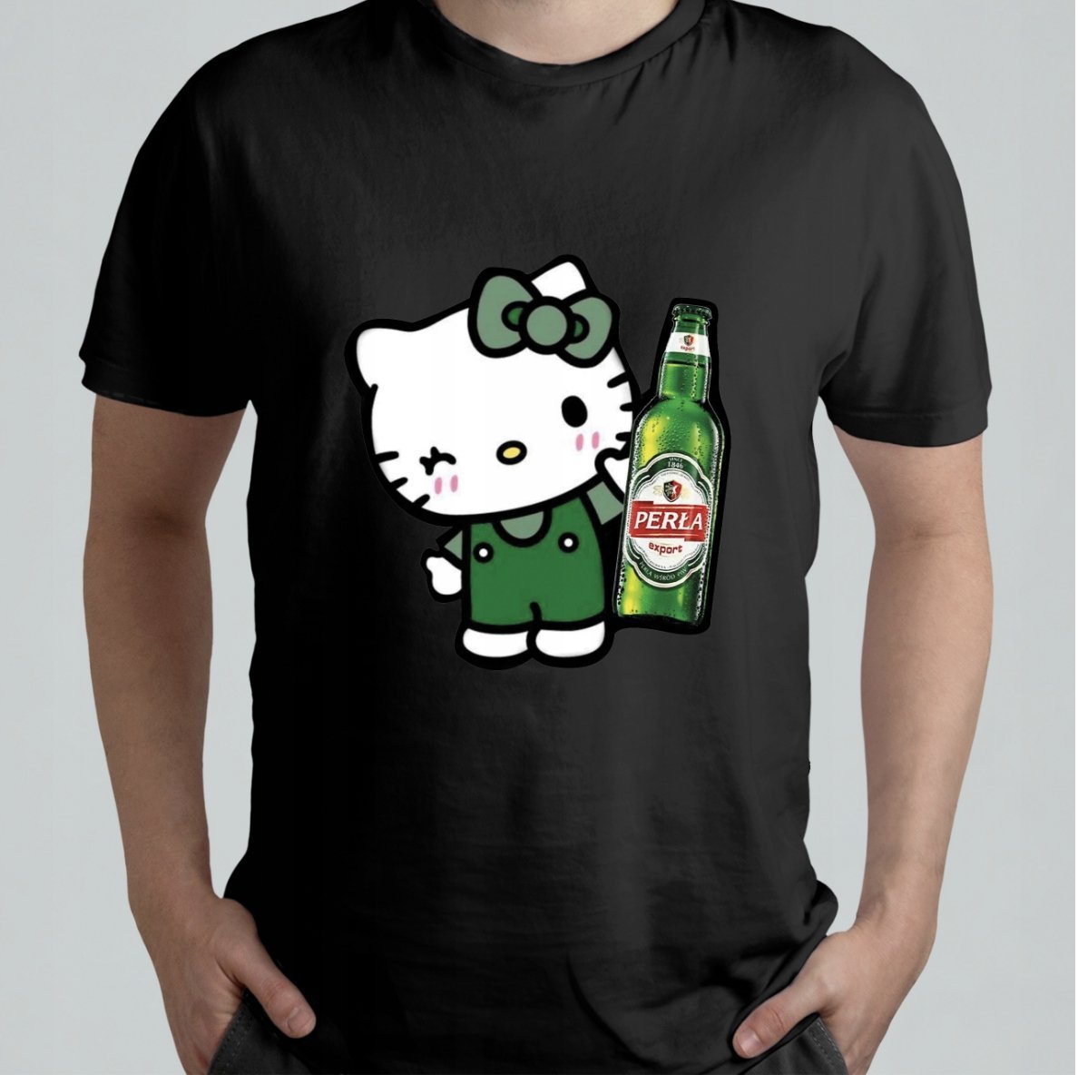 CZARNA KOSZULKA Z NADRUKIEM MĘSKA ŚMIESZNA T-SHIRT HELLO KITTY PERŁA PIWO