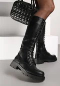 Kozaki damskie - Czarne Sznurowane Kozaki na Platformie z Tłoczeniem w Stylu Workerów Izalita - Renee - miniaturka - grafika 1