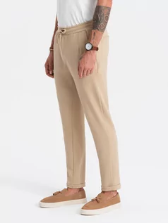 Spodnie męskie - Spodnie męskie dzianinowe z gumką w pasie - piaskowe V3 OM-PACP-0121 - grafika 1