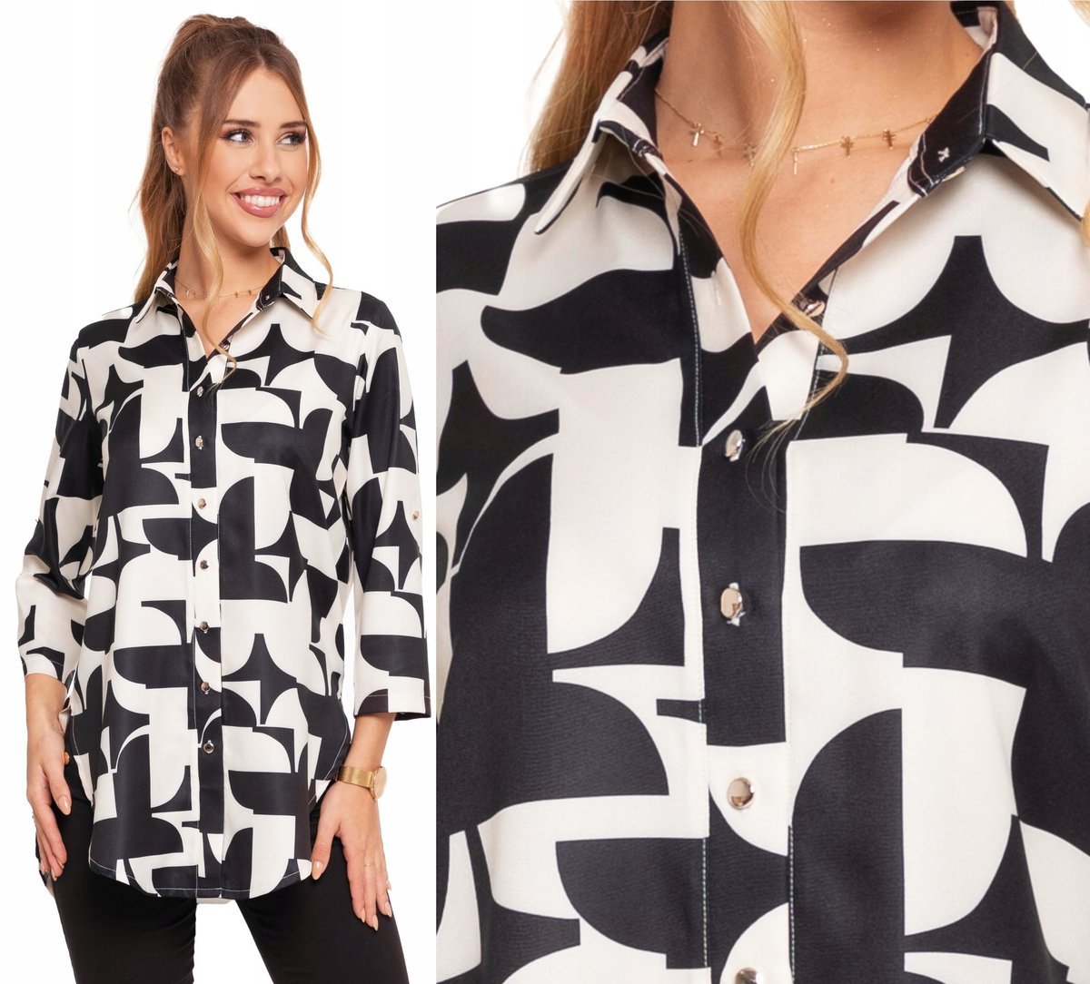 Koszula Damska z Rękawem 3/4 Elegancka Wzory Rozpinana Klasyczna MORAJ M