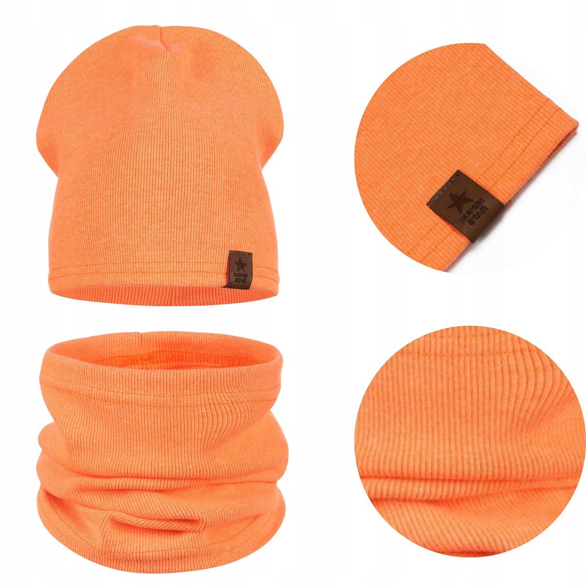 Komplet Dziecięcy Bawełniany Czapka Komin Na Jesień Zimę Pomarańczowy 40-46