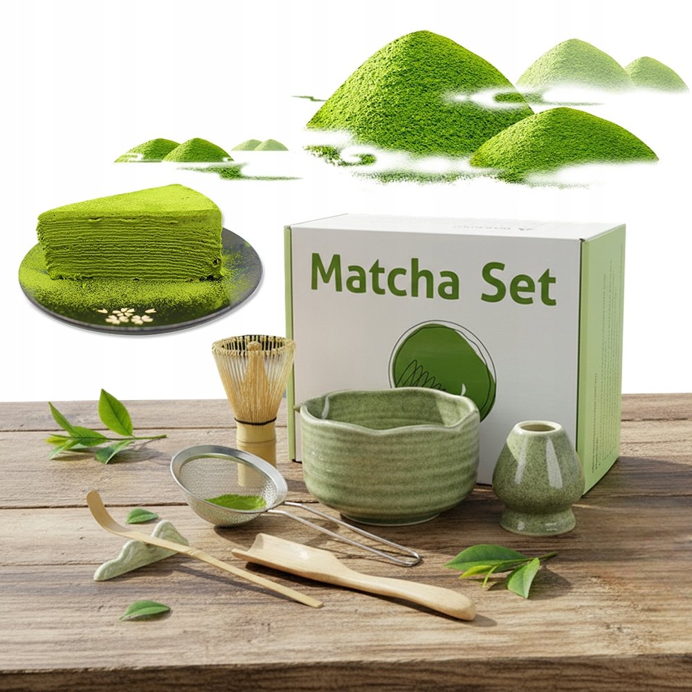 Zestaw Do Matcha Z Miską 500ML Bambusową Trzepaczką Zielony Ceramiczny