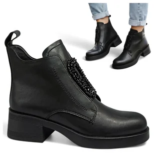 Botki Damskie SKÓRZANE Eleganckie Jesienne Wygodne Czarne Barski 39 - Botki damskie - miniaturka - grafika 1