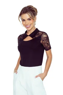 Bluzka damska z koronkowymi rękawami oraz kołnierzykiem Mela czarna M - Bluzki damskie Bluzka damska z koronkowymi rękawami oraz kołnierzykiem Mela czarna M - Bluzki damskie - miniaturka - grafika 1