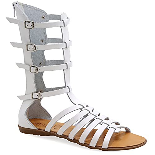 Biały, 40, Emmanuela Antique Greka Ręka Handmade Gladiator Skórzane sandały, łydki wysokie sandały z zamkiem błyskawicznym w trzonie, pasek płaskie letnie buty dla kobiet