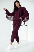Spodnie sportowe damskie - Bordowy Dres Komplet Bluza Oversize Frędzle Spodnie Jogger MODNY - miniaturka - grafika 1