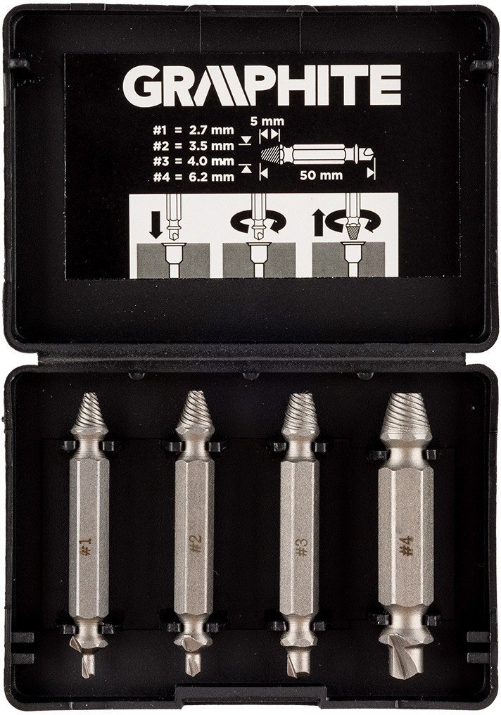 Graphite Wykrętaki dwustronne do zerwanych śrub lub uszkodzonych gniazd, zestaw 4 szt.