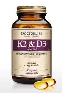 Doctor Life Doctor Life K2 & D3 organiczny olej kokosowy 130ug K2 mk-7 & 2000iu D3 suplement diety 60 kapsułek - Witaminy i minerały - miniaturka - grafika 1