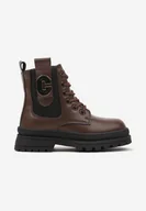 Botki damskie - Brązowe Botki Clibee w Stylu Workerów Zdobione Metalową Aplikacją Lealinde - miniaturka - grafika 1