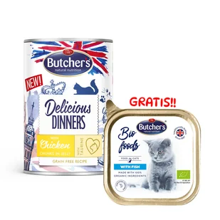 BUTCHER'S Delicious Dinners kawałki z kurczakiem w galaretce 400g (kot) + Bio Food Cat z rybą 85g GRATIS!! - Mokra karma dla kotów - miniaturka - grafika 1