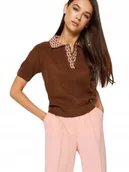 Bluzki damskie - TRENDYOL BRĄZOWA BLUZKA Z KRÓTKIM RĘKAWEM I WZORZYSTYM KOŁNIERZYKIEM 36 5BA - miniaturka - grafika 1