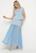 Komplety damskie - Jasnoniebieski Dzianinowy Komplet z Wiskozą Kamizelka na Guziki i Rozkloszowana Spódnica Felinelle - miniaturka - grafika 1