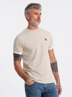 Koszulki męskie - T-shirt męski bawełniany z kontrastującymi wstawkami - kremowy V7 S1632 - grafika 1