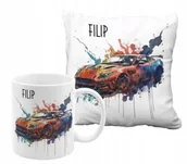 Gadżety dla niej i dla niego - ZESTAW PODUSZKA + KUBEK Prezent AUTO SPORTOWE AKWARELA + IMIĘ 31 - miniaturka - grafika 1