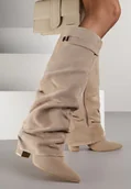 Kozaki damskie - Ciemnobeżowe Marszczone Kozaki na Słupkowym Obcasie z Wywiniętą Cholewką Runella - Renee - miniaturka - grafika 1