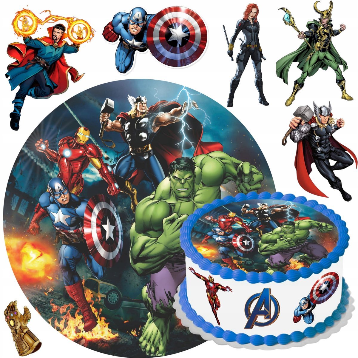 OPŁATEK NA TORT AVENGERS + TEKST + POSTACIE JADALNA DEKORACJA