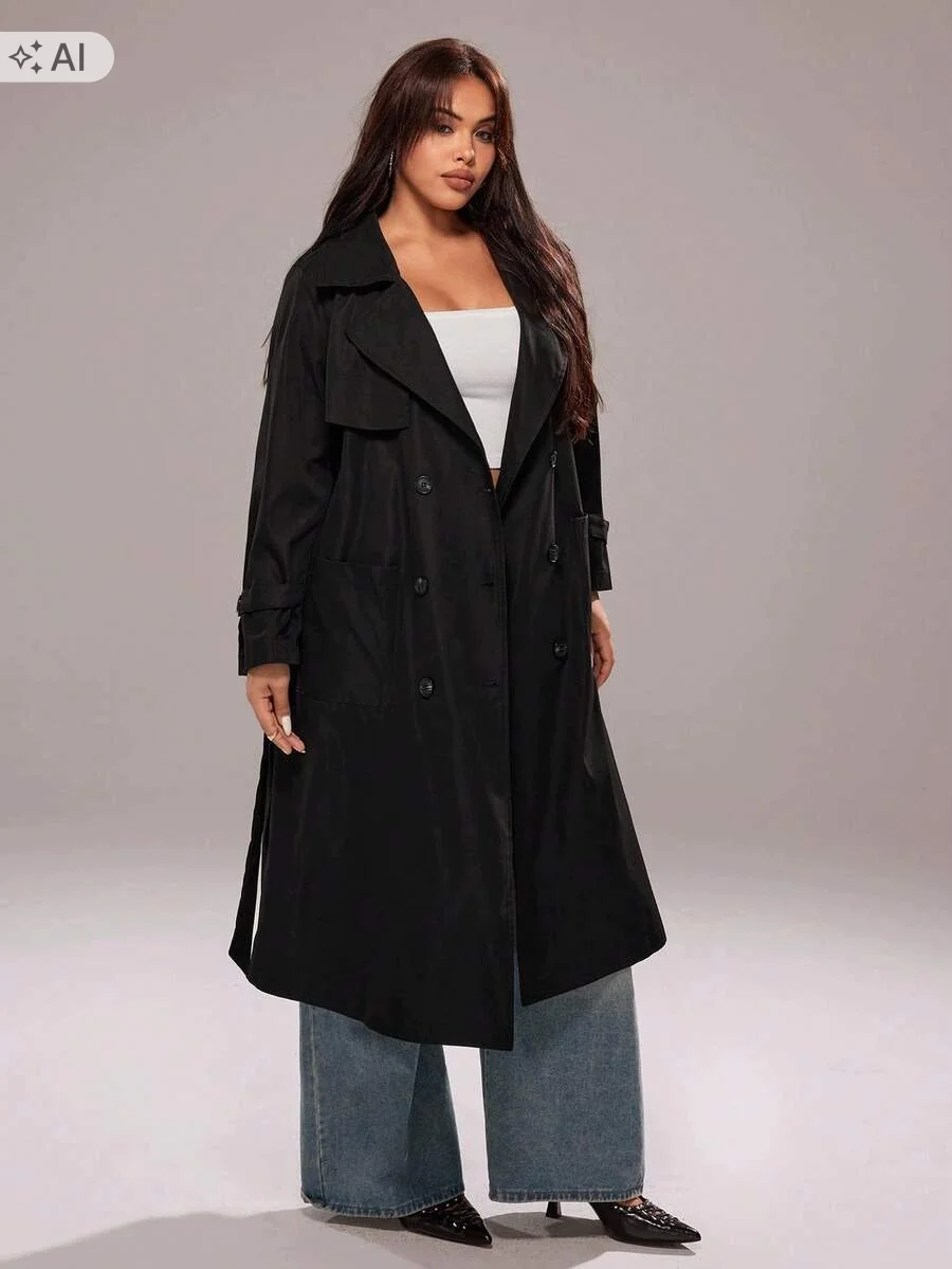 SHEIN CZARNY PŁASZCZ TRENCZ DO KOLAN Z KLAPAMI I PODSZEWKĄ PLUS SIZE 50 1ŁA