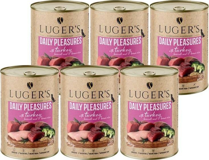 Karma mokra dla psa Luger's Daily Pleasures z indykiem, brokułem i ryżem brązowym zestaw 6 x 400 g