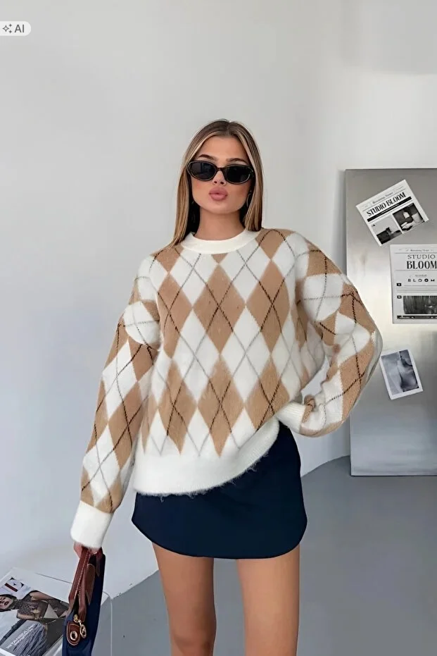 SWETER DAMSKI PLECIONY W ROMBY W STYLU VINTAGE 5IA
