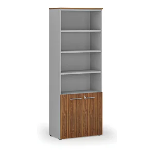 Szafa biurowa kombinowana PRIMA GRAY, drzwi na 2 poziomach, 2128 x 800 x 420 mm, szary/orzech - Szafy biurowe - miniaturka - grafika 1
