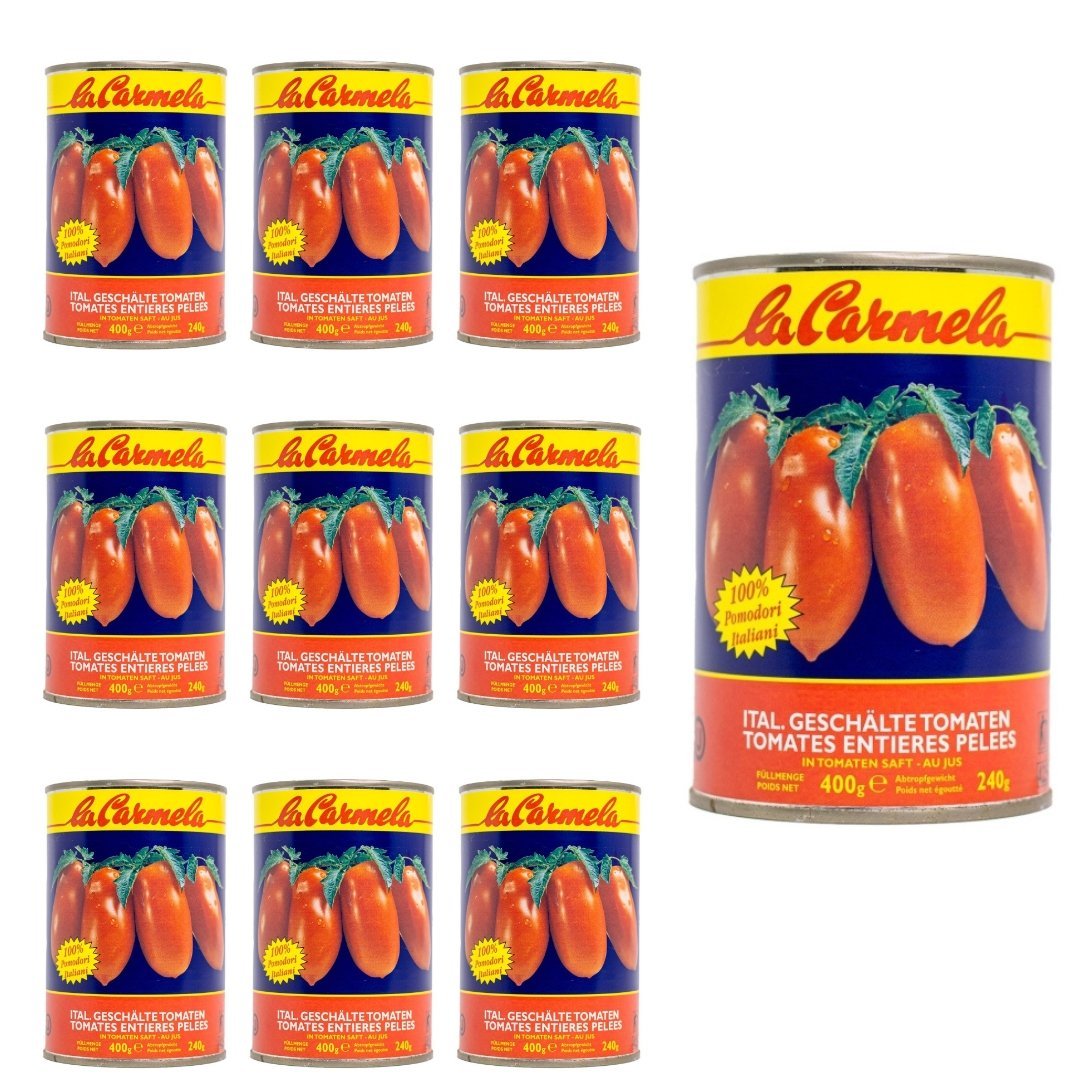 Obrane pomidory bez skóry w puszce Pomidori Pelati Interi 10 x 400g La Carmela