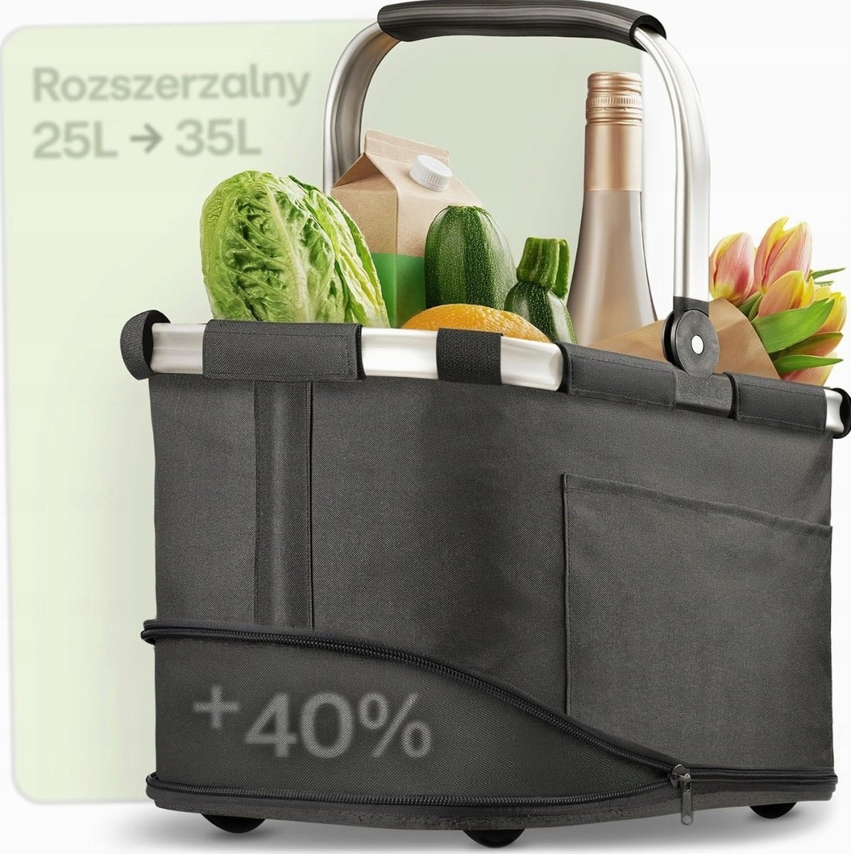KOSZ SKŁADANY NA ZAKUPY DUŻY POJEMNY 25L 35L CZARNY TKANINA ALUMINIUM