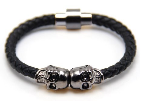 Męska bransoletka biżuteria czarne plecione z czaszkami