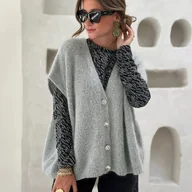 Swetry damskie - TEMU Sweter damski z kapturem i rękawami typu cap, V-neckowy jednorzędny guzykowy modna bluzka eleganccja luźno casualowa na cztery pory roku codzień - miniaturka - grafika 1