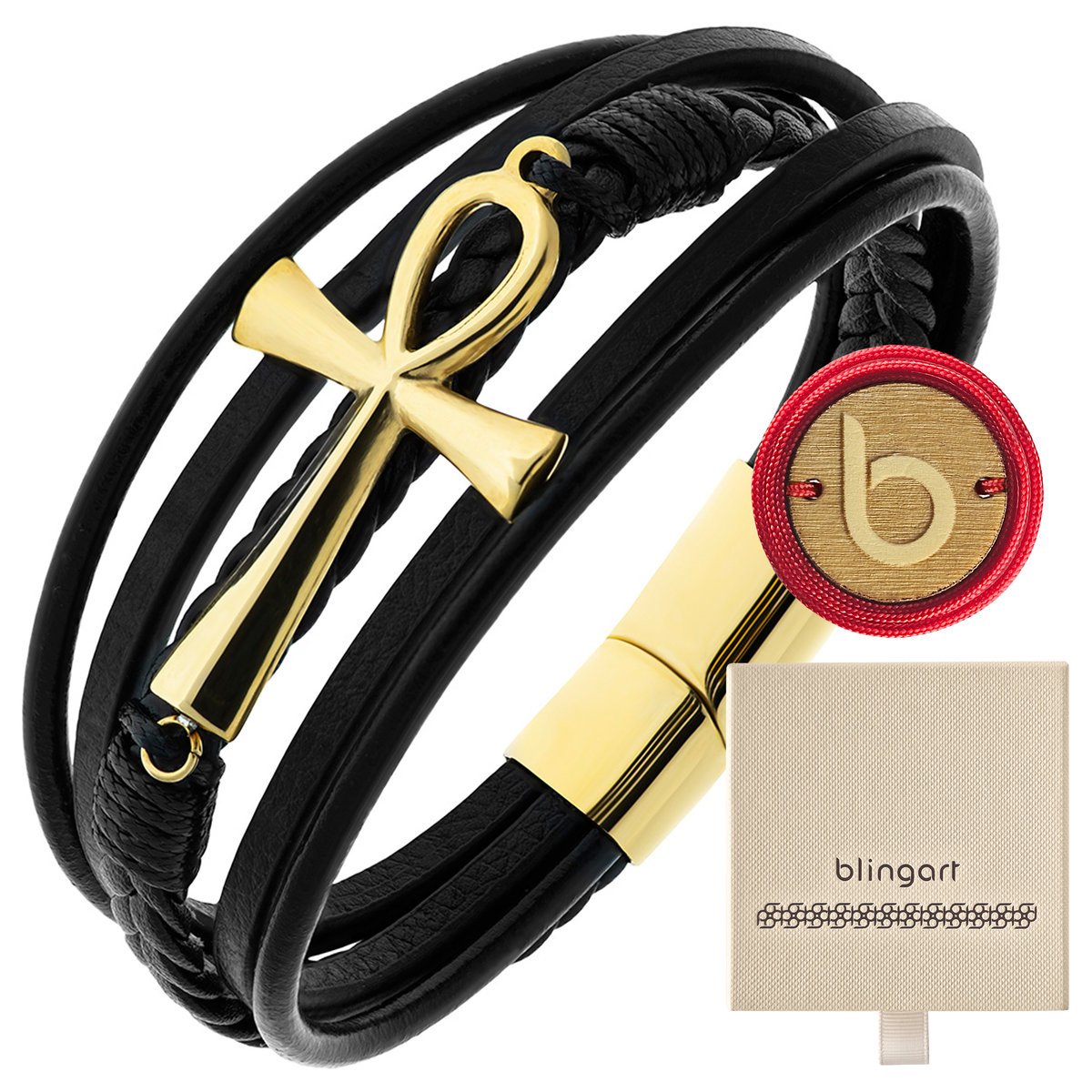 Bransoletka męska SKÓRZANA pleciona KRZYŻ EGIPSKI