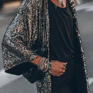 Kurtki damskie - TEMU Elegancki długi płaszcz trench z sequinami dla kobiet - czarny z złotymi akcentami, boczna paskowa detale, całoroczna modna kurtka, stylowa - miniaturka - grafika 1