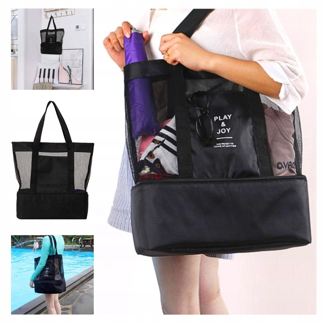 DUŻA LEKKA TORBA XXL PLAŻOWA Z SIATKI - SKŁADANA - ODPORNA NA PIASEK CZARNA