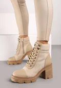 Botki damskie - Beżowe Botki na Obcasie z Platformą Ozdobione Wstawkami Ezilda - miniaturka - grafika 1