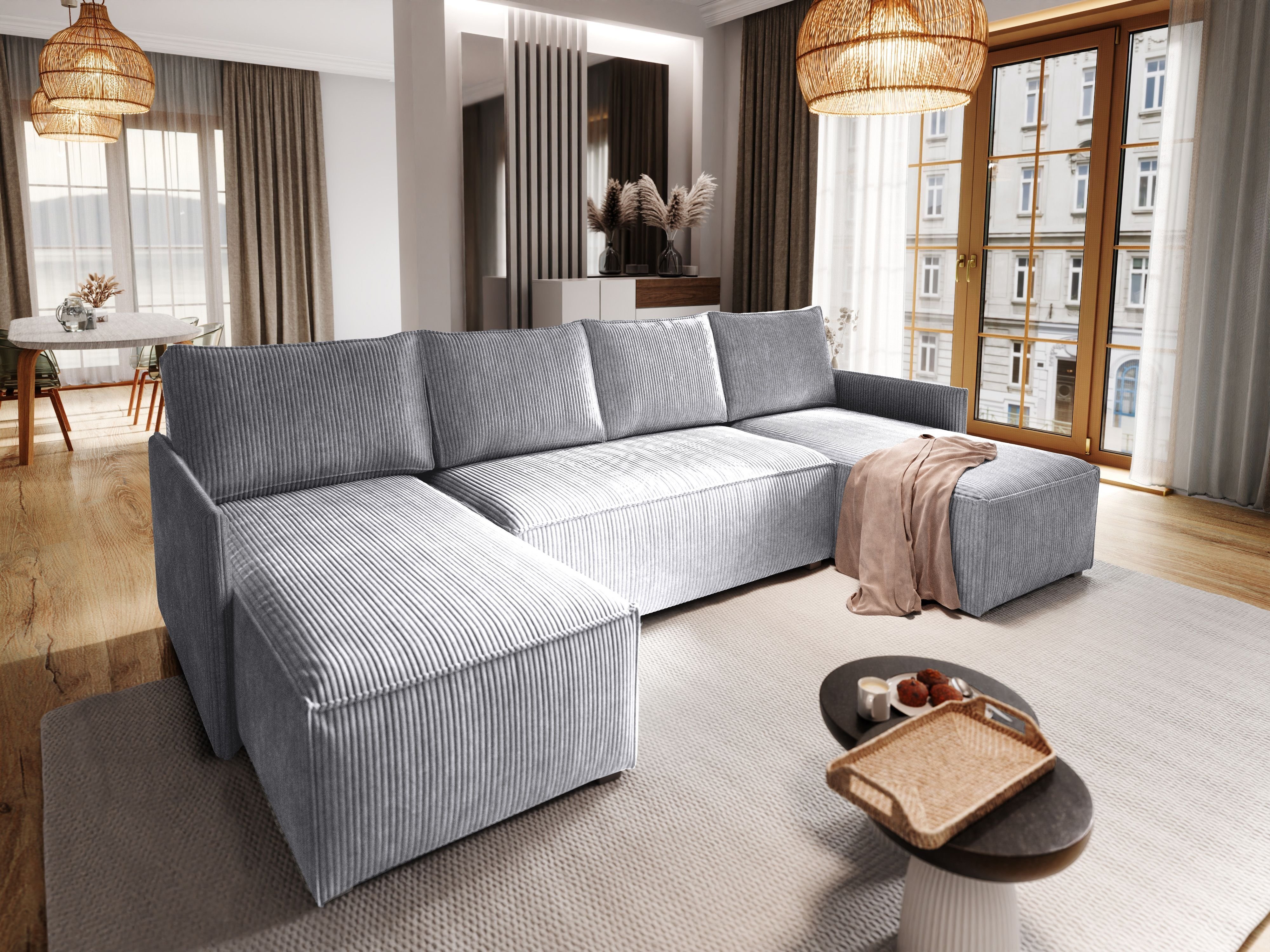 Masseno Narożnik TRES z funkcją spania i pojemnikiem na pościel Kształt U, Rozkładana sofa, Rogówka - Jasnoszary, POSO 55