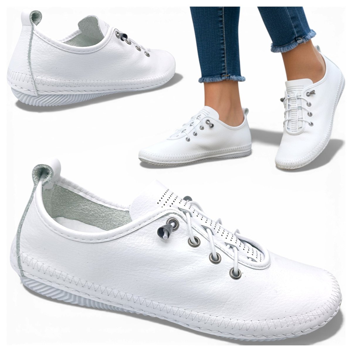 Sneakersy Damskie SKÓRZANE Wygodne Wsuwane Półbuty Białe Letnie Artiker 41