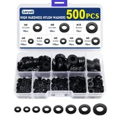 Śruby i nakrętki - 500 sztuk podkładek plastikowych, czarne płaskie podkładki nylonowe, okrągła płaska uszczelka izolacyjna, dystans plastikowy - M2/M2,5/M3/M4/M5/M6/M8/ - miniaturka - grafika 1