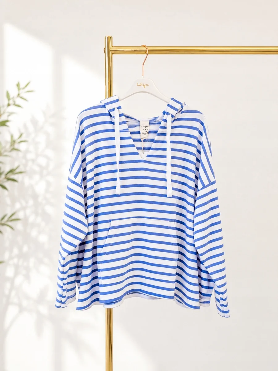 Niebieska Bluza damska WIYA w paski z kapturem – oversize