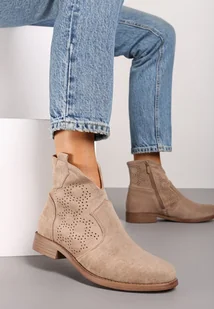 Ciemnobeżowe Płaskie Botki Ażurowe w Stylu Boho Revalira - Botki damskie - miniaturka - grafika 1