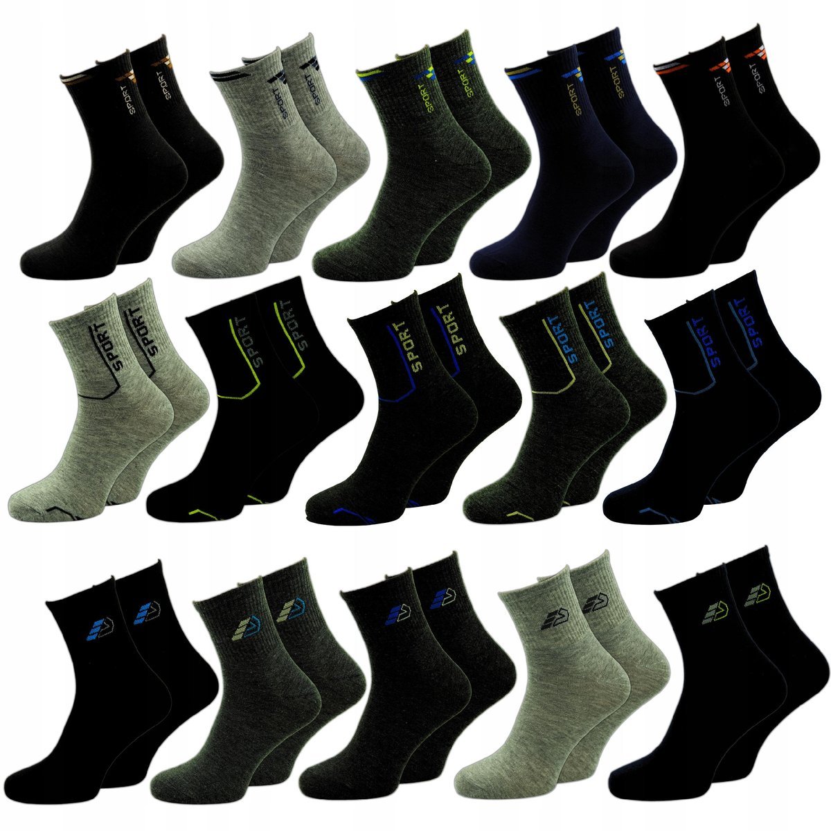 15 x SKARPETY SPORTOWE DŁUGIE RÓŻNE WZORY MĘSKIE BAWEŁNIANE SKARPETKI 43-46